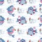 Seamless pattern with cartoon sharks with cocktails and inflatable circles among the sea waves and the inscription pool party in a