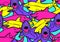 Seamless pattern with cartoon sharks. Urban colorful teenage creative background.