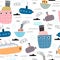 Seamless pattern with cartoon ships, submarines, decor elements. Colorful vector flat style for kids. hand drawing.