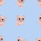 Seamless pattern of cartoon siamese kittens on a blue background.