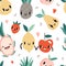 Seamless pattern with cartoon smile fruits characters