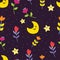 Seamless pattern with cartoon smile half moon, stars, flower. for fabric print, textile, gift wrapping paper