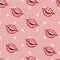 Seamless pattern cartoon smiling lips with teeth on pink polka dot background. Lips painted with pink lipstick and white teeth.