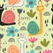 Seamless pattern with cartoon snails, flowers, decor elements  on a neutral background. colorful vector for kids. hand drawing, fl