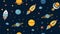 Seamless pattern with cartoon space rockets, planets, stars