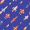 Seamless pattern with cartoon spaceship, rockets, comet, falling star, fireball, on blue