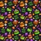 Seamless pattern with cartoon spooky traditional Halloween sweets on black background.