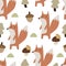 Seamless pattern with cartoon squirrels, tree, mushroom. Forest, vector flat Scandinavian style. animal and nature theme.