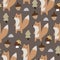 Seamless pattern with cartoon squirrels, tree, mushroom. Forest, vector flat Scandinavian style. animal and nature theme.