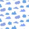 Seamless pattern with cartoon style doodle rainy clouds on white background