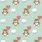 Seamless pattern with cartoon teddy bear toys, heart balloons and clouds