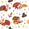 Seamless pattern cartoon thanksgiving turkey character in hat with harvest, leaves, acorns, corn, autumn holiday bird