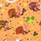 Seamless pattern cartoon thanksgiving turkey character in hat with harvest, leaves, acorns, corn, autumn holiday bird