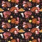 Seamless pattern cartoon thanksgiving turkey character in hat with harvest, leaves, acorns, corn, autumn holiday bird