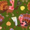 Seamless pattern cartoon thanksgiving turkey character in hat with harvest, leaves, acorns, corn, autumn holiday bird