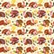 Seamless pattern cartoon thanksgiving turkey character in hat with harvest, leaves, acorns, corn, autumn holiday bird