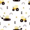 Seamless pattern with cartoon tractor,  bulldozer, decor elements. Colorful vector flat style for kids. hand drawing.