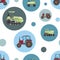 A seamless pattern with cartoon tractors for children and a boy, a vector stock illustration with farm machines in a circle and