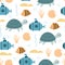 Seamless pattern with cartoon turtle, fish, submarines, decor elements. Colorful vector flat style for kids. hand drawing.