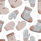 Seamless pattern of cartoon vector winter accessories. Hand drawing of winter, warm clothes - mittens, valenki, shoes. Fashion