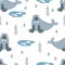 Seamless pattern with cartoon walrus, fish, tree, decor elements. Colorful vector flat for kids. hand drawing.