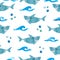 Seamless pattern with cartoon watercolor sharks.