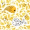 Seamless pattern with cartoon whale and dolphin. Hand drawing with a flock of sea animals. Kids products, fabrics, wallpapers,