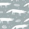 Seamless pattern with cartoon wolves, decor elements on a neutral background. Vector flat Scandinavian style. animal and nature th