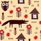 Seamless pattern with cartoon wolves, owl, houses, flowers, decor elements on a neutral background. Vector flat Scandinavian style