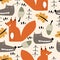 Seamless pattern with cartoon wolves, squirrels, trees, decor elements. Forest, vector flat Scandinavian style. animal and nature