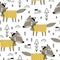 Seamless pattern with cartoon wolves, trees, decor elements. colorful vector for kids, flat style. hand drawing. animals.
