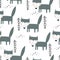 Seamless pattern with cartoon wolves, trees, decor elements.  Forest, vector flat Scandinavian style. animal and nature theme. ha