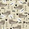 Seamless pattern with cartoon wolves, trees, decor elements on a neutral background. Forest, vector flat Scandinavian style. anima
