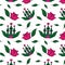 Seamless pattern with castle, rose and leaves.