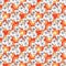 Seamless pattern of casual white flowers with a dark outline. Floral print on bright orange with yellow polka dot background