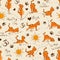 Seamless pattern with cat doing yoga position of Surya Namaskara.