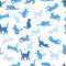 Seamless pattern with cat silhouettes in blue tones and colors