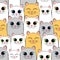 Seamless pattern with cats. Background with gray, white and ginger kittens