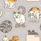 Seamless pattern of cats in different poses in sketch style. Fat cute cat lifestyle. Pets. The cat hissses, sleeps