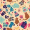 Seamless pattern with cats and hygge items. Vector graphics