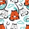 Seamless pattern with cats, kittens holding clouds in their paws, colored doodle, Scandinavian style