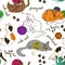 Seamless pattern with cats playing ball of yarn