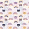 Seamless pattern with cats and rainbows and dots. Cute multicolored vector illustration for kids. The print is suitable