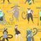 Seamless pattern with cats on summer vacation and typography elements. Cute characters spend summer holidays. Surfing, swimming, d