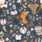 Seamless pattern of cats wearing scarf, playing on pumpkin patch.Cute illustration for children`s print