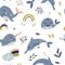 Seamless pattern with celestial whales.