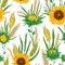 Seamless pattern with cereals and sunflowers. Barley, wheat, rye, corn and millet. Rustic floral background.