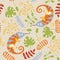 Seamless pattern with chameleon and colorful leaves, and flowers in modern simple flat style. Endless texture with animal print