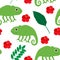 Seamless pattern Chameleon tropical leaves and flowers vector illustration.