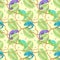 Seamless pattern of chameleons of different types and various varieties of coloring sitting on lianas, vector